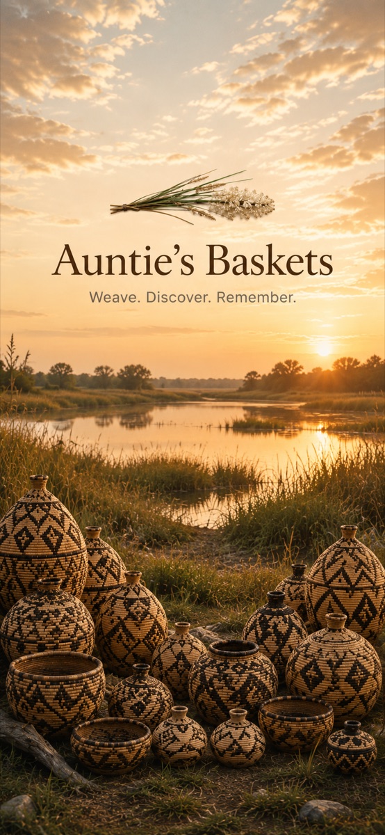 Auntie's Baskets — woven baskets at sunset; Weave. Discover. Remember.