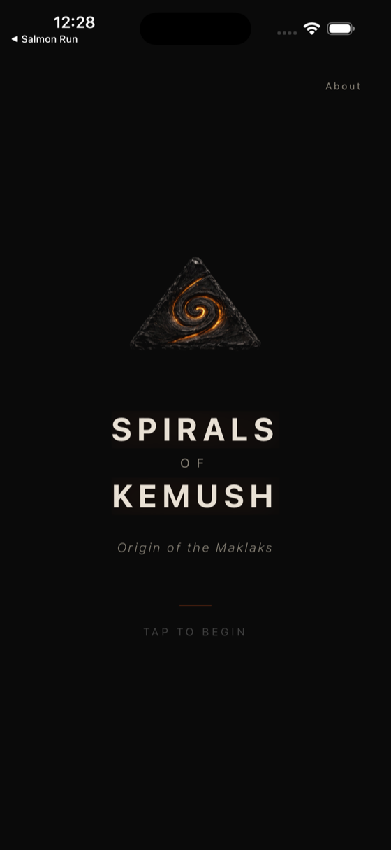 Spirals of Kemush app screenshot — basalt triangle with ember spiral